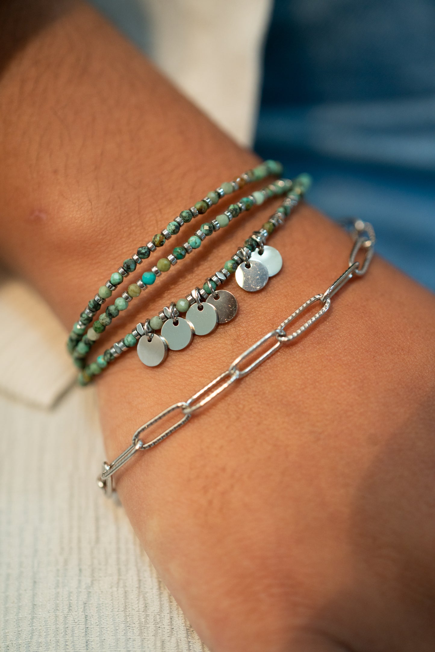 Bracelet Praia 3 en 1 en Turquoise Africaine, Pampille Argentée